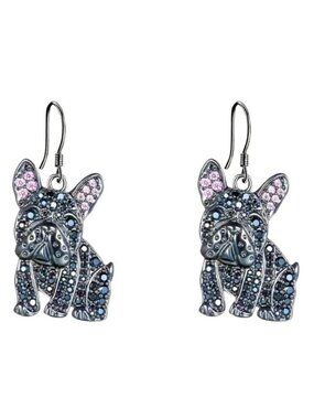 Bulldog Frenchie Earrings Rhinestone Glam Sparkly Stylish Dangle Trendy Cute Dog